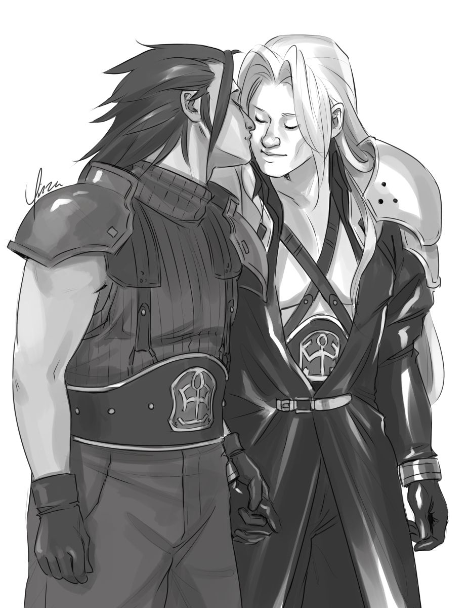 A greyscale digital sketch of Zack Fair and Sephiroth, shown from the thighs up in their OG uniforms. They stand holding hands, and Sephiroth is leaning down slightly as Zack kisses him on the cheek. Both have their eyes closed and wear faint smiles.