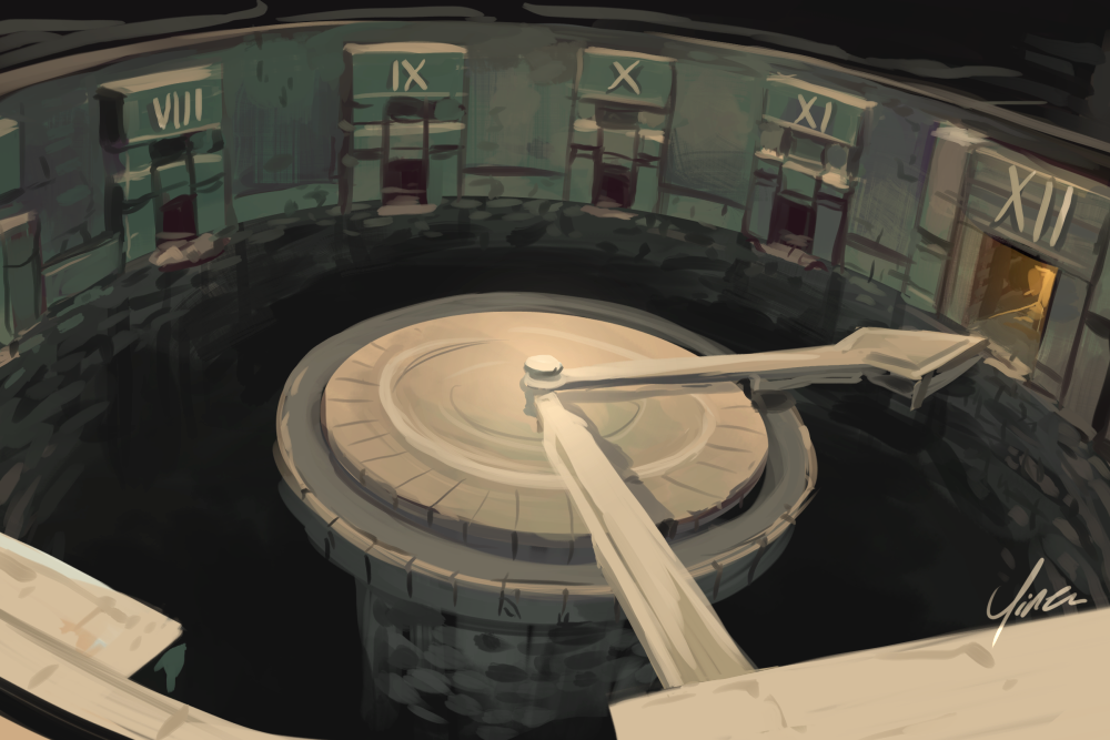 A rough digital painting of the clock room in the Temple of the Ancients. It is a combination of the Temple's appearance in both games, with the doorways and central platform appearing similar to the Rebirth version, but like in the original game, the room is dominated by a deep pit descending into black, and each of the doorways is marked in Roman numerals. From the center extend two stone clock hands, forming a pathway from a doorway somewhere in the foreground to the number XII doorway, which glows with a yellow light.