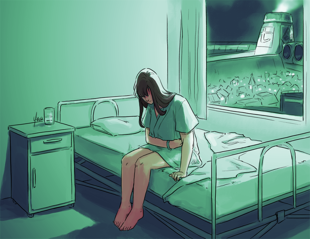 A 15-year-old Tifa sits on the edge of a hospital bed with Midgar's Sector 7 reactor in the distance out the window.