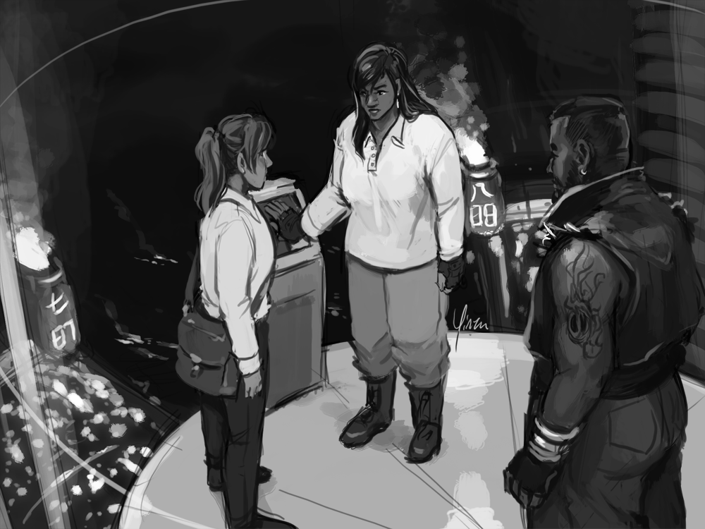 A rough black-and-white painting of Tifa, Barret, and Jessie in a glass elevator in the Shinra Building. The ruined Sector 7 can be seen in the background.