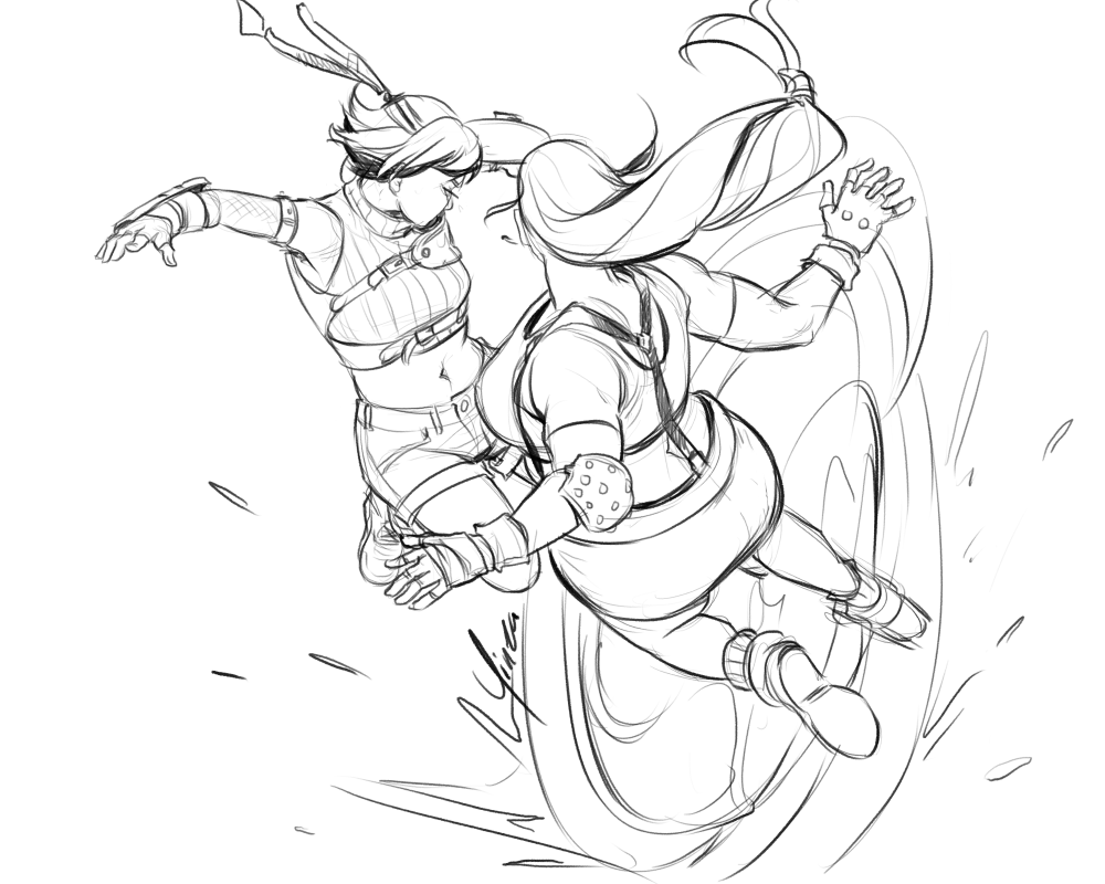 An uncolored digital sketch of Yuffie and Tifa's Cyclonic Kick synergy attack from Rebirth, although both are depicted in their OG outfits.