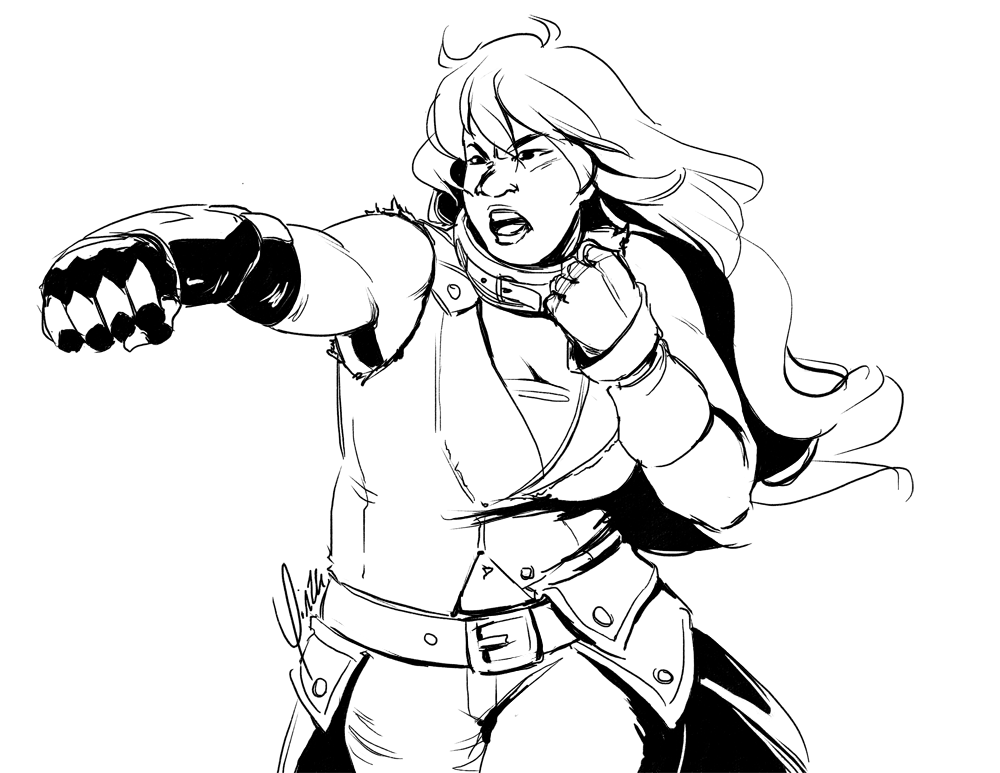 A black and white sketch of Yang throwing a punch.
