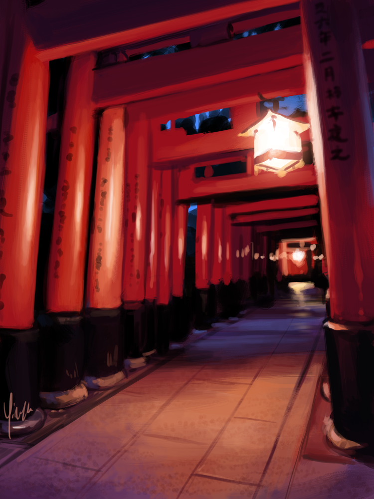 A rough study of some of the torii gates at Fushimi Inari at twilight.