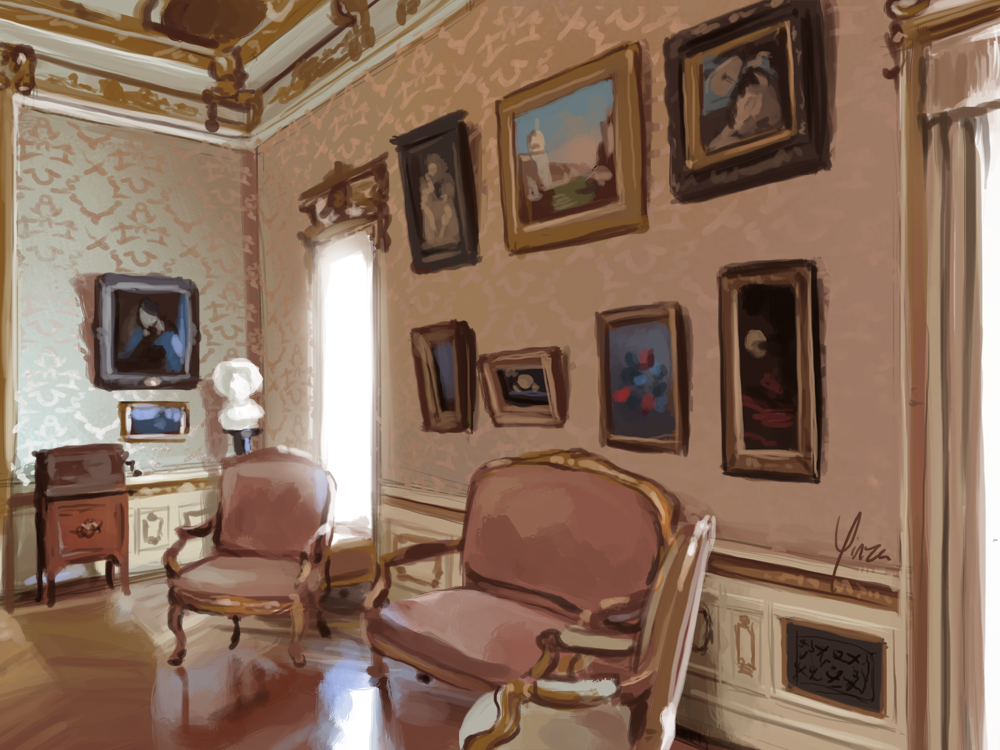 A rough study of a room at the Flagler Museum in Florida.