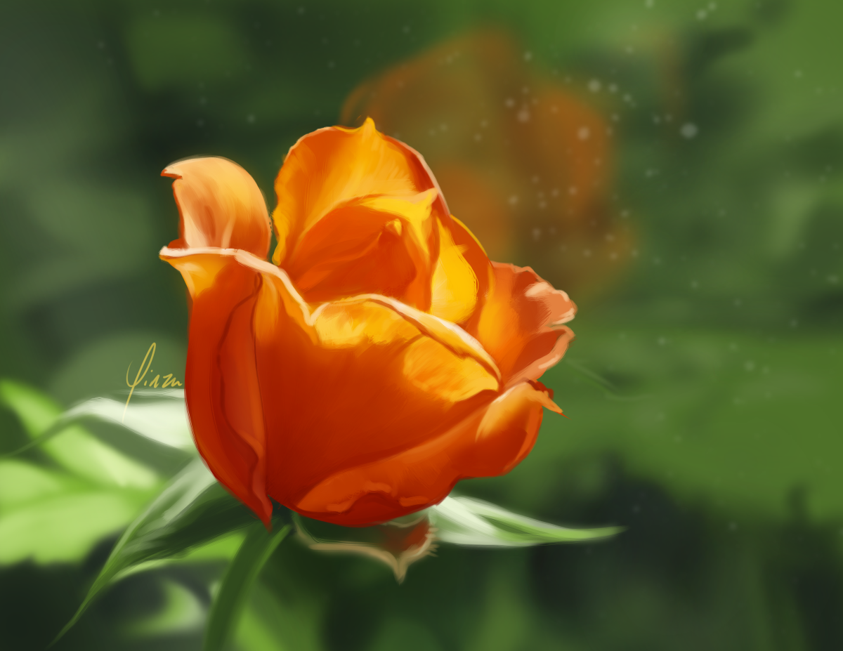 A digital painting of of an orange tea rose blossom. Sunlight highlights the tips of the petals. The background is blurred greenery, and the rose is reflected faintly against glass.