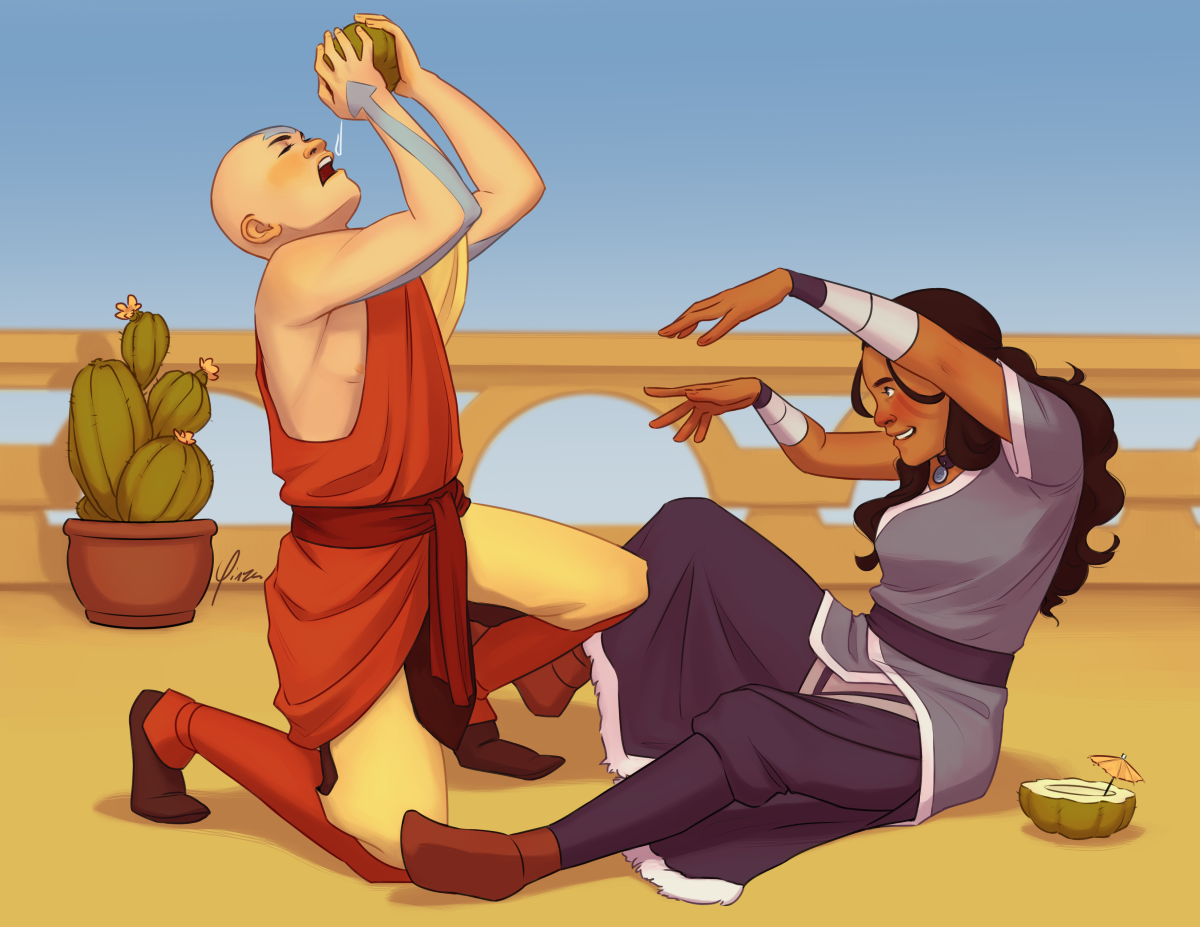 Digital artwork of a teenage Aang and Katara, dressed in summer Air Nation and Water Tribe outfits, respectively. They are shown outdoors in front of a stone railing, with a potted cactus in the background. Aang is on one knee, his head tilted back as he lifts his arms overhead to pour the last few drops of cactus juice into his open mouth. Katara is sitting on the ground opposite him, her legs stretched out in front of her. She is grinning as she watches him and wiggles her arms as if trying to waterbend the cactus juice. Another slice of cactus sits on the ground beside her with a tiny pink drink umbrella.