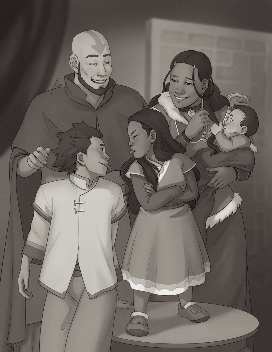 Sepia-toned digital fanart depicting adult Aang and Katara with their three young children. Kya is standing on a small circular table with her arms crossed, her head turned to the side to stick her tongue out at Bumi. Bumi stands beside the table, turning towards his sister to stick his tongue out in turn, except he is smiling as he does so. Katara stands behind and to the right of Kya, looking down at them with a smile. She holds a baby Tenzin in her left arm, and with her right hand she is reaching to tug a lock of hair free from his grasp. Behind them, Aang is looking down at Kya with an open-mouthed smile, his right hand hovering over Bumi's shoulder and his left reaching around Katara's.
