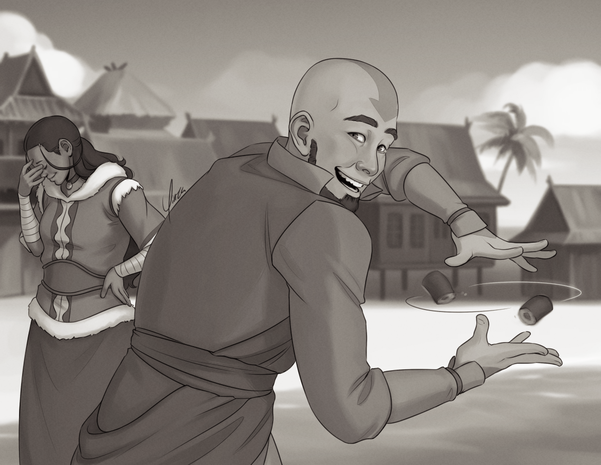 Sepia-toned digital fanart depicting adult Aang and Katara at a seaside village in the Earth Kingdom. Aang stands in the foreground, shown from the waist up. He grins broadly at the camera as he performs his marble trick with a pair of seaweed wraps. Katara stands a short distance behind him, turned slightly away with her left hand on her hip and her right hand to her forehead. Her eyes are closed and she wears a fondly exasperated smile. The village and beach are blurred in the background behind them.