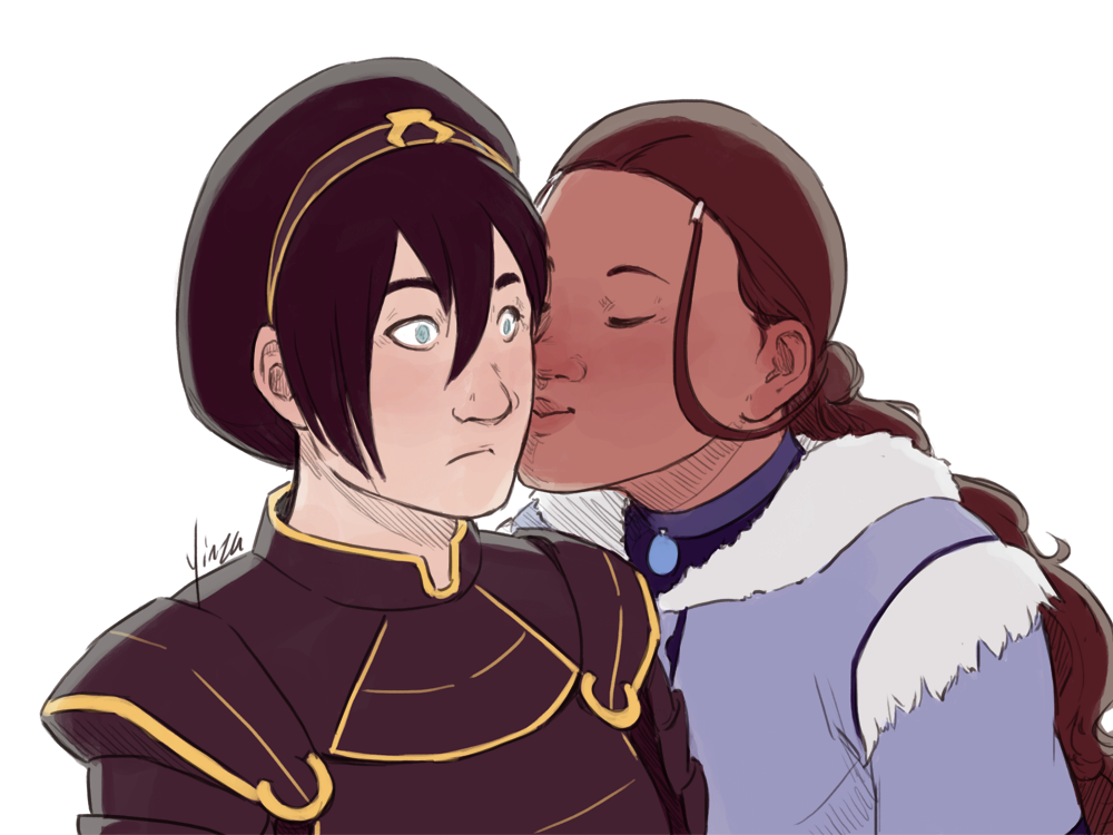 Katara kisses Police Chief Toph on the cheek.