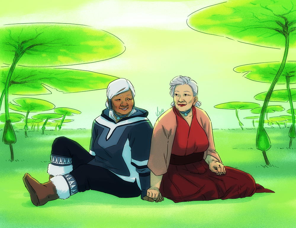 Elderly Korra and Asami Sato vacation in the Spirit World.