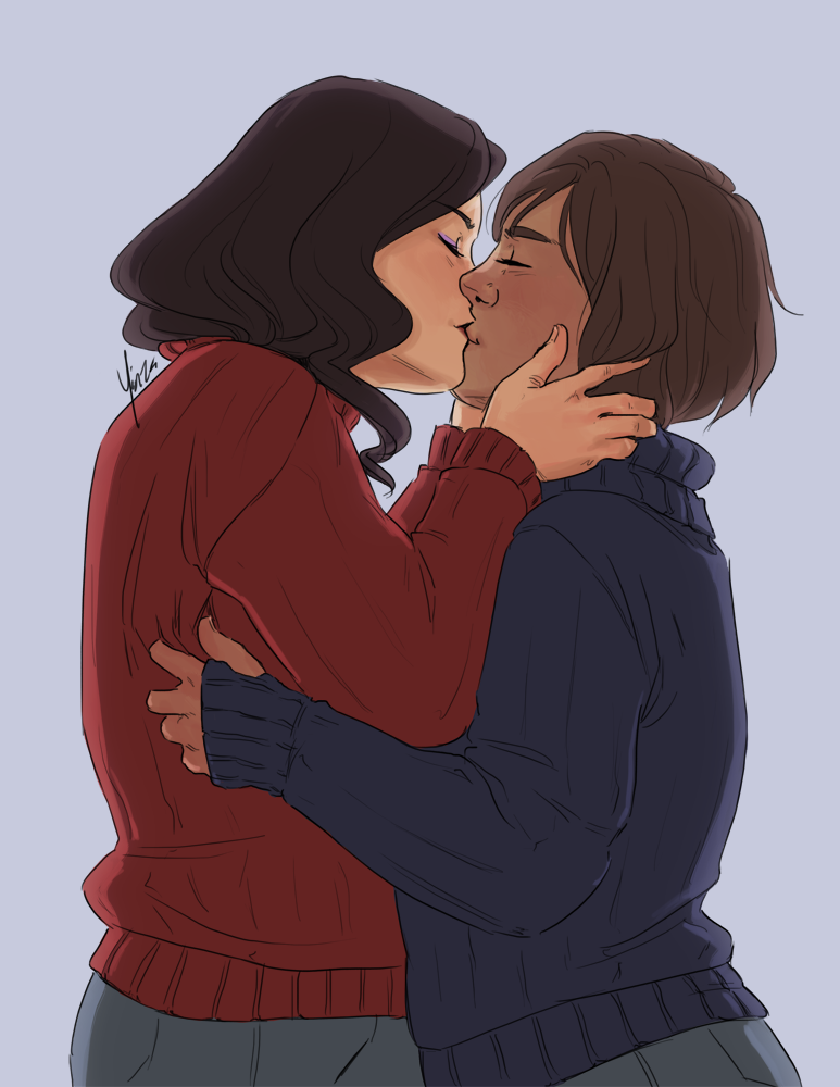Korra and Asami kiss while wearing bulky sweaters.
