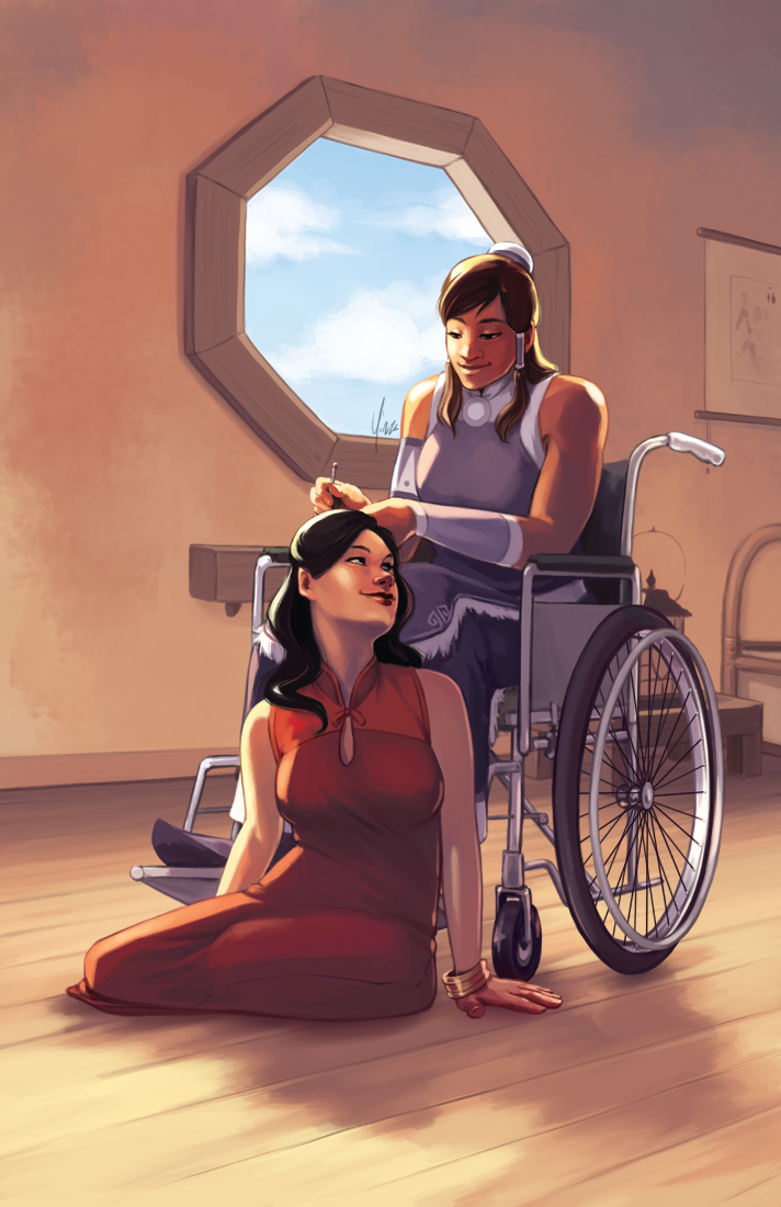 Asami sits on the floor in front of Korra's wheelchair while Korra does her hair.