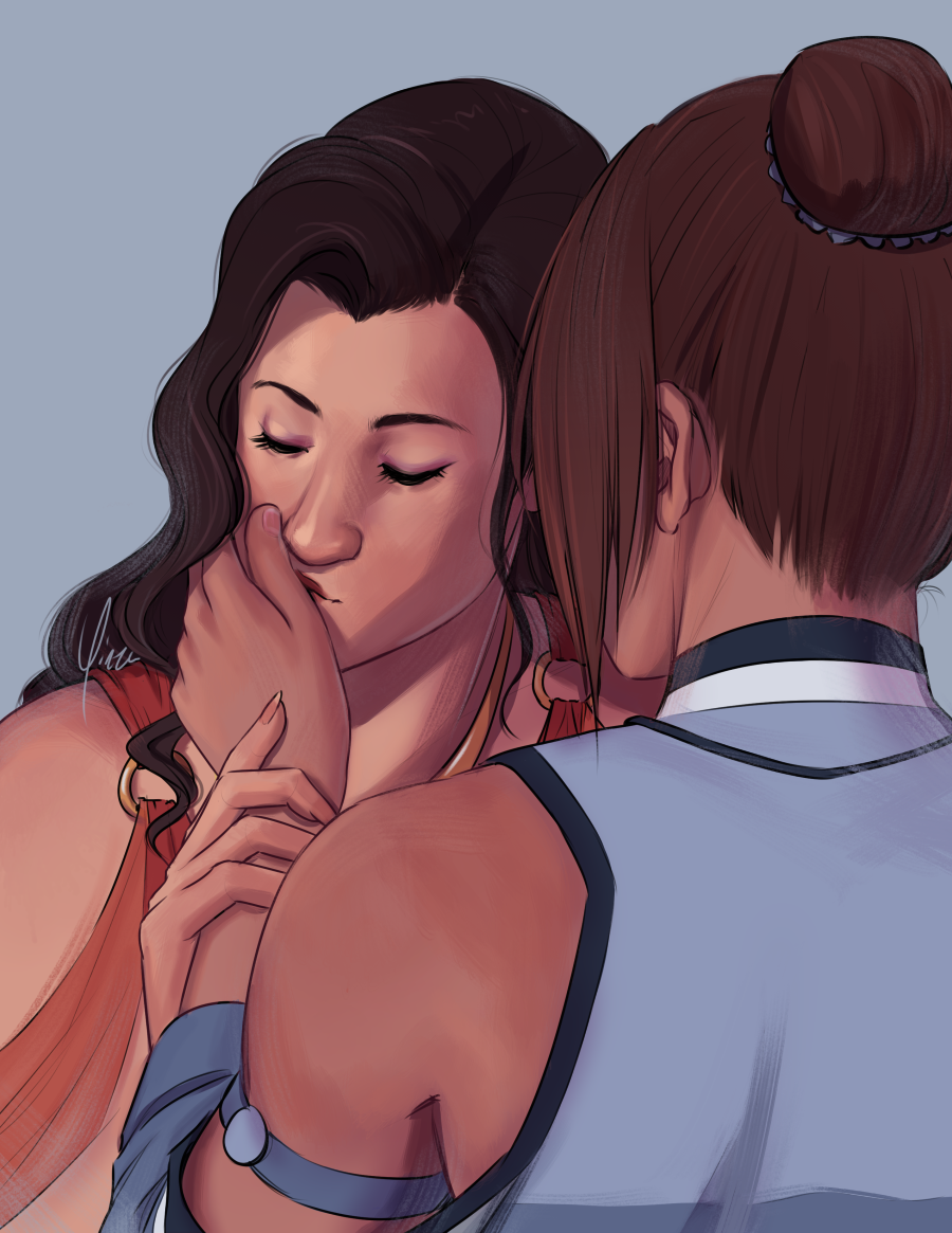 A fanart of Korra and Asami, both in their formal wear from the finale. Korra stands with her back to the camera. Her hand is lifted to Asami's face, and Asami is kissing the inside of her thumb.
