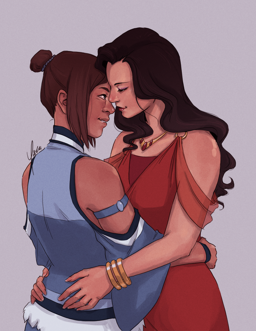 Korra and Asami stand embracing in their formal dresses, almost kissing.