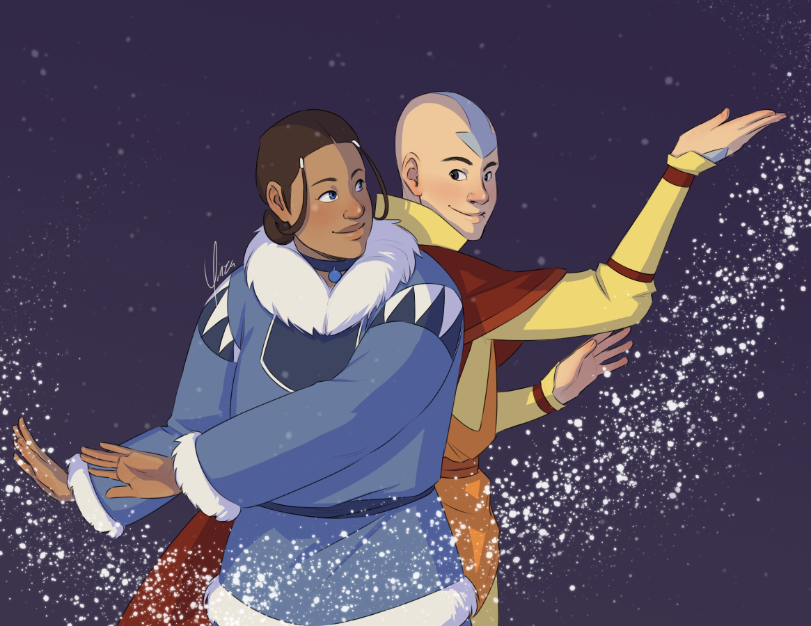 Katara and Aang stand back-to-back, smiling at each other over their shoulders. They are using waterbending forms to bend a flurry of snowflakes.
