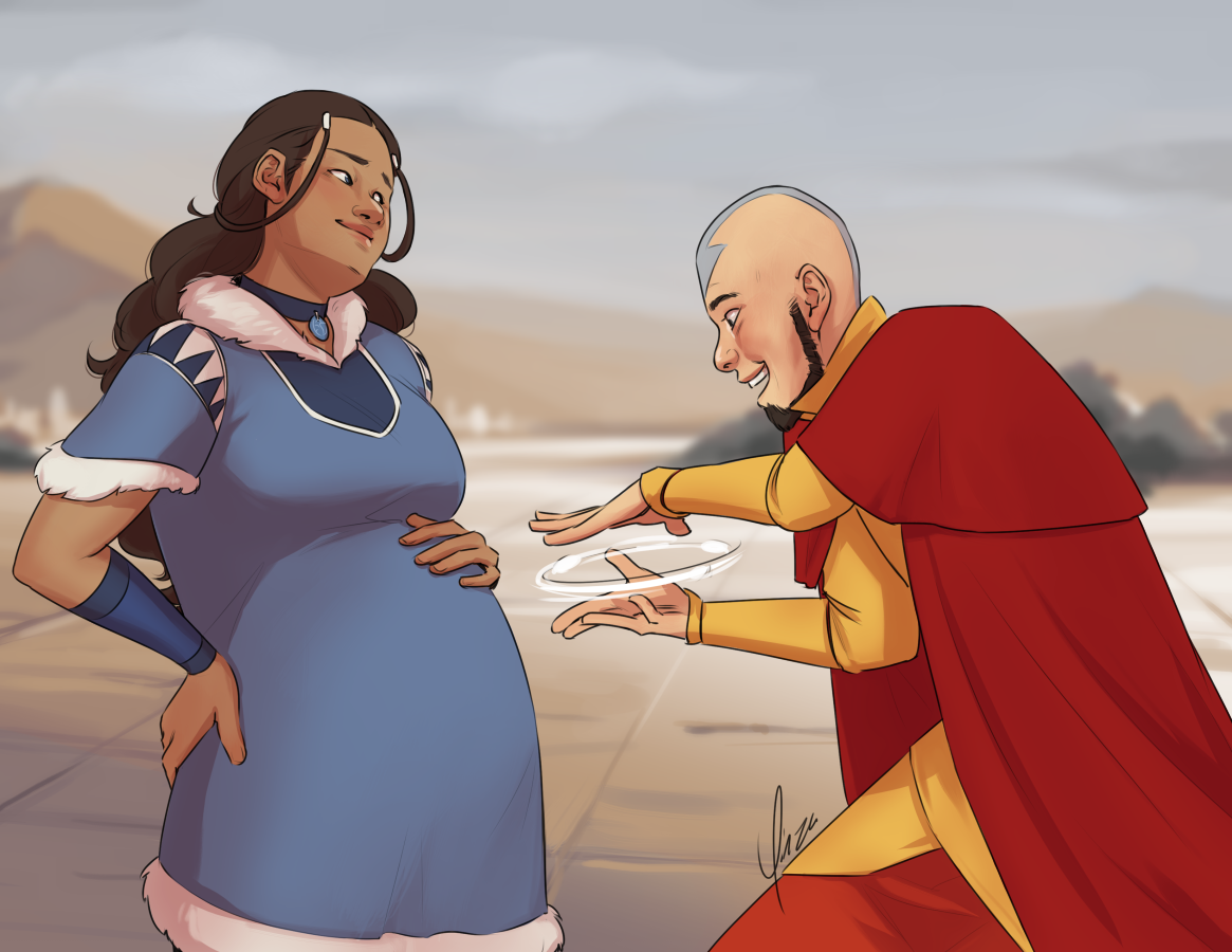 Fanart of Katara and Aang as young adults. Aang is excitedly performing his marble trick at Katara's pregnant belly while she rolls her eyes with a fond look on her face.