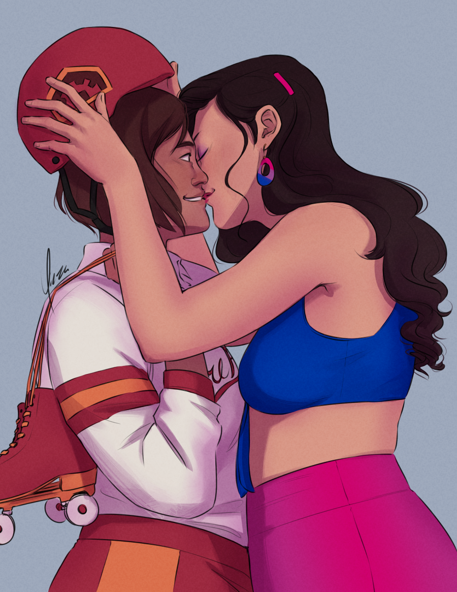 Digital fanart of Korra and Asami. Korra is wearing a white, red, and gold roller derby uniform and holds her skates slung over her right shoulder. Asami is wearing a blue crop top and high-waisted pink pants, with hoop earrings in the bisexual flag colors. She is pulling Korra’s helmet off as she leans in to kiss her, which Korra looks delighted about.