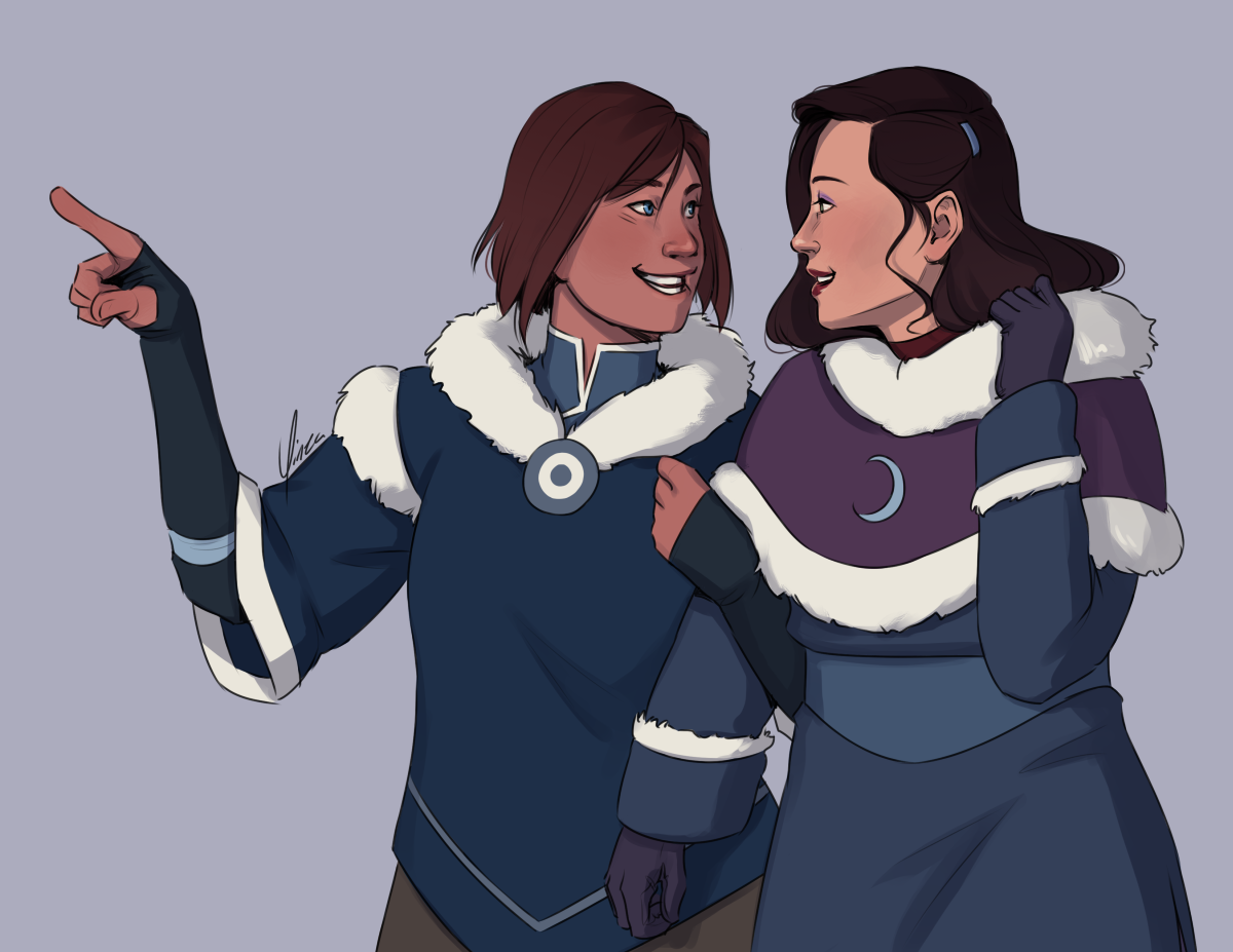 Digital fanart of Korra and Asami, shown from the hips-up. Korra is depicted in her parka with her short haircut. Asami is also wearing a fur-lined Water Tribe parka in a dark blue with a wide lighter blue belt and a purple cowl featuring a pale blue crescent moon. Korra has her left arm looped around Asami's right and points ahead with her other hand. She looks at Asami with a grin. Asami is smiling back at her, having just pulled her hood down with her left hand.