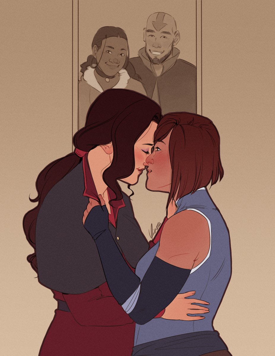 Digital fanart of Asami Sato and Korra, shown from the waist-up in their Season 4 outfits. Asami has her right hand at Korra's side and her left hand near the side of her face, and she is leaning in with eyes closed, smiling. Korra is gripping Asami’s collar with her left hand and leaning up, eyes open, with a little smirk as they are about to kiss. In the background, hanging on the wall above them, is a sepia-colored photograph of Katara and Aang smiling.