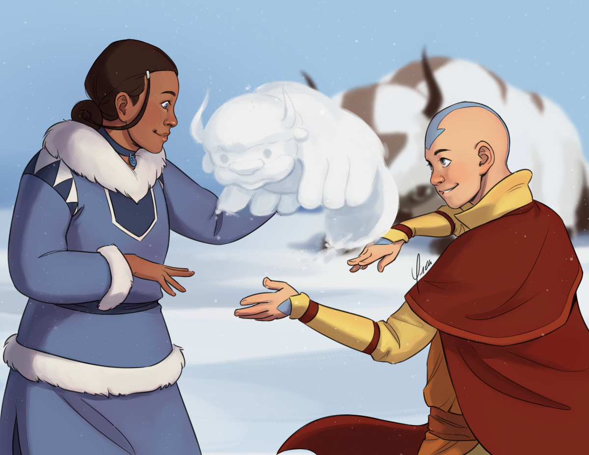 Digital fanart of Katara and Aang. They stand opposite each other, Katara in her Water Tribe parka and Aang in his Air Nomad clothes with his red cape. They are smiling at each other as they bend a small sculpture of Appa out of snow between them. Blurred in the snowy background, the actual Appa watches.