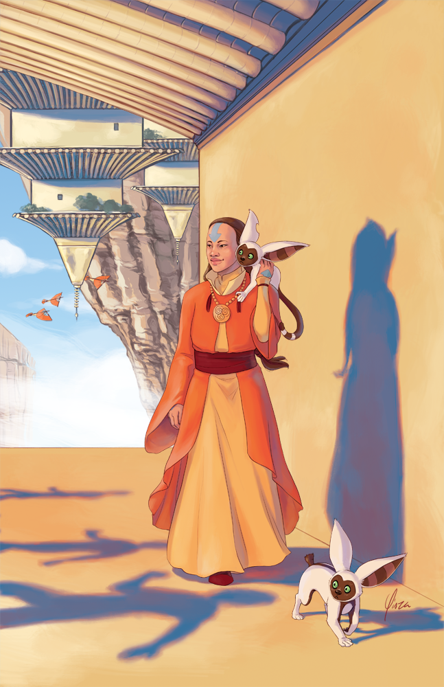 Avatar Yangchen walking in the Western Air Temple with her lemurs, Pik and Pak. The shadows of children playing fall across the floor in front of her, and in the distance, other air nomads are flying with gliders.