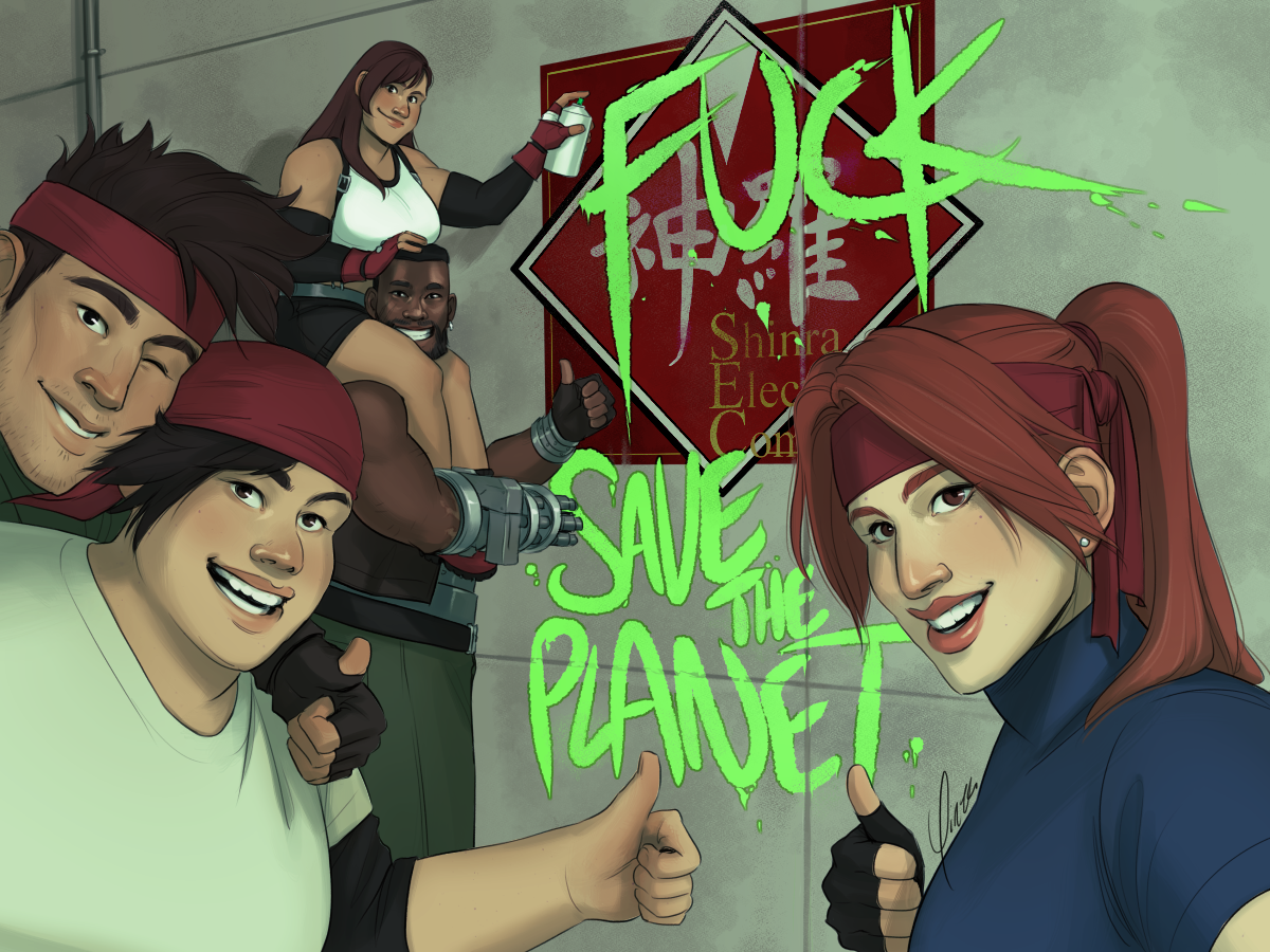 Digital artwork of AVALANCHE taking a group selfie. In the background, the word 'FUCK' has been graffitied in neon green over a Shinra logo, with the phrase 'Save the Planet' written below it. Just beside it, Tifa sits on Barret’s shoulders with a spray can in one hand. Both smile at the camera, and Barret gives a thumbs up. Biggs, Wedge, and Jessie stand in the foreground, with Biggs leaning in over Wedge’s shoulder and Jessie taking the photo. All three of them are giving thumbs up and grinning at the camera.