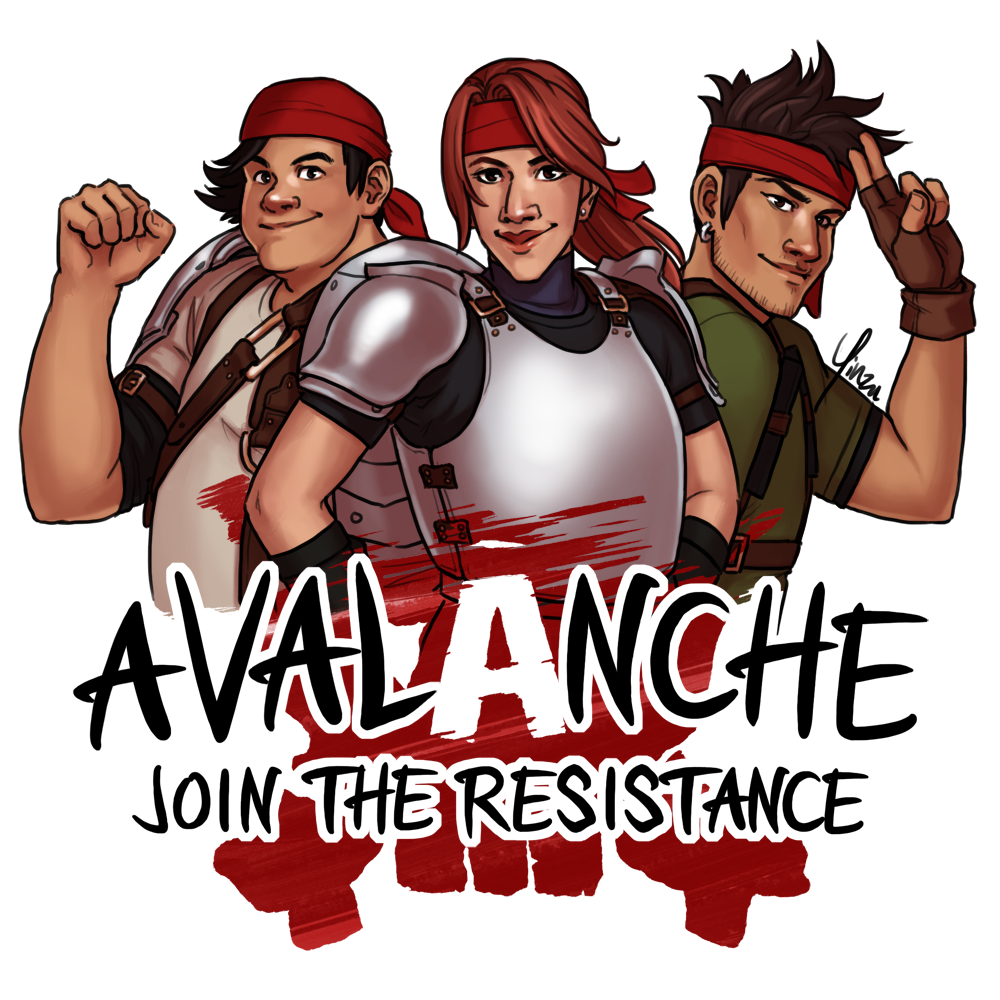 Wedge, Jessie, and Biggs above the AVALANCHE skull logo and text reading 'join the resistance.'