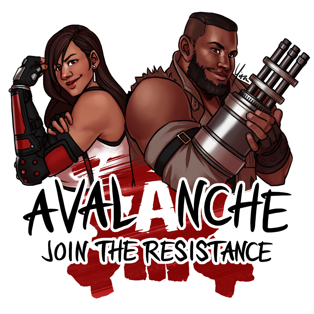 Tifa and Barret back-to-back above the AVALANCHE skull logo and text reading 'join the resistance.'