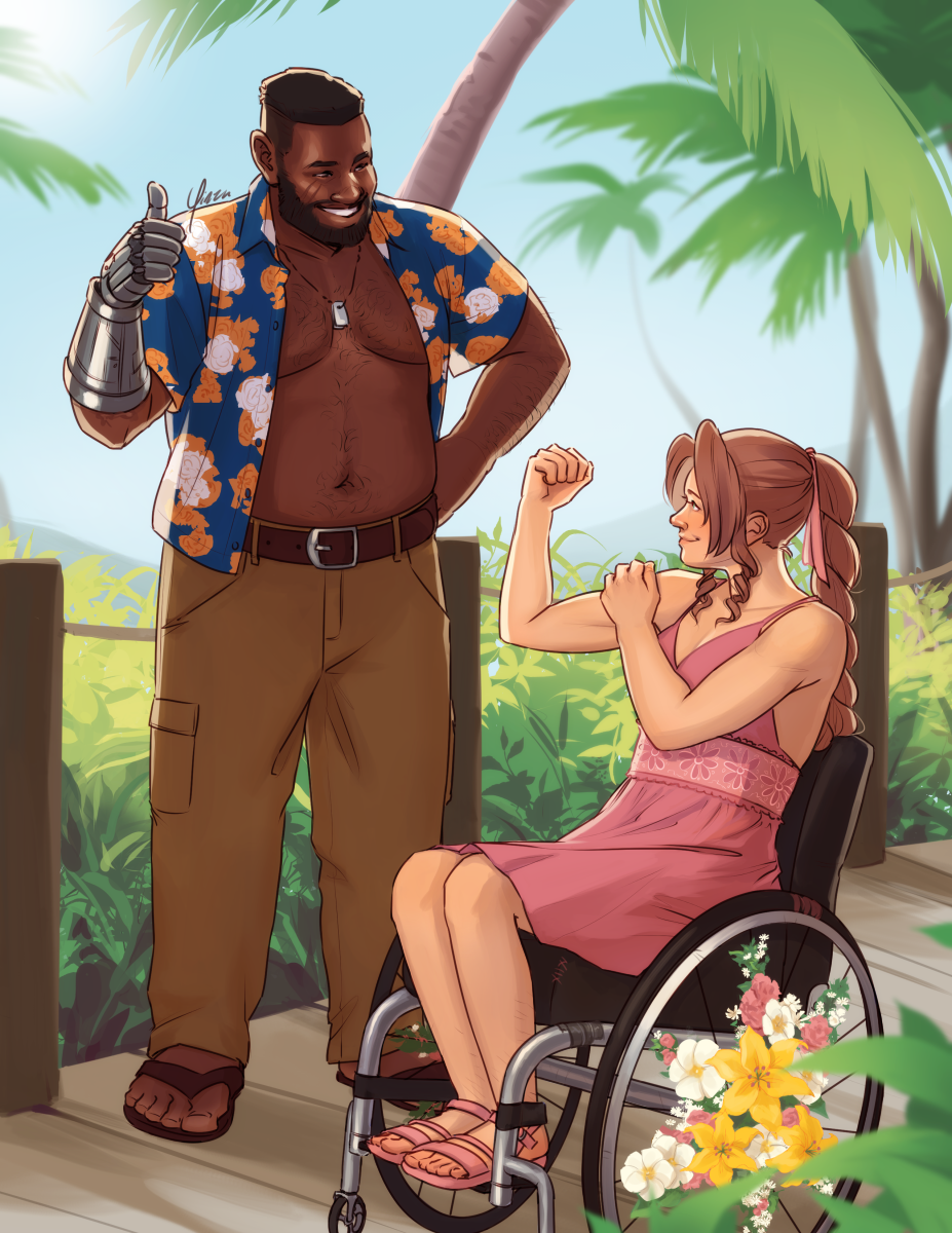 Digital artwork of Barret Wallace and Aeris Gainsborough. They are on a sunny wooden path between dense vegetation, with palm trees in the background. Aeris wears a pink sundress and matching sandals, and sits in a manual wheelchair with flowers decorating the spokes. Barret stands beside her, wearing an unbuttoned blue T-shirt with an orange-and-white floral pattern, brown cargo pants, and flip-flops. Aeris is showing off her modest biceps to Barret, who is giving her a thumbs up with his prosthetic hand.