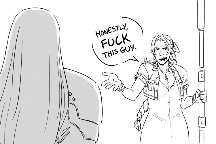 First panel of a comic: Aeris is gesturing in annoyance at Sephiroth, saying 'Honestly, fuck this guy.'