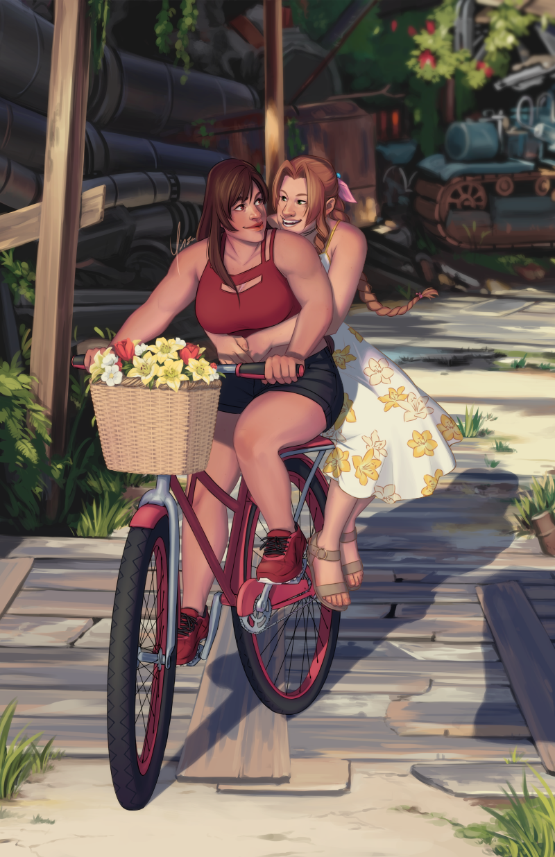 Fanart of Aeris Gainsborough and Tifa Lockhart. They are riding a bicycle through Sector 5 with Tifa pedalling and Aeris seated behind her. The front basket is full of flowers.