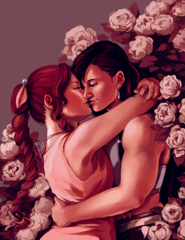 Aeris and Tifa stand among blooming peonies, almost kissing. Aeris has her arms around Tifa's neck, Tifa has her arms around Aeris's waist.