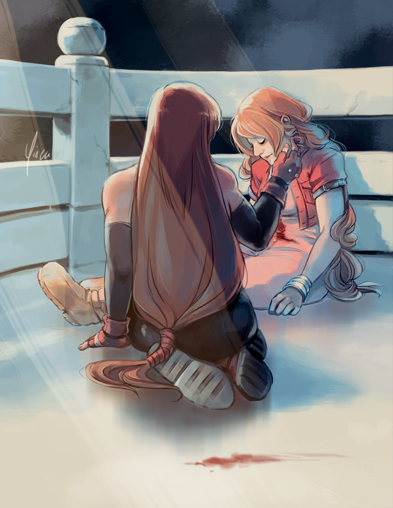 Tifa touches Aeris's face as she sits slumped, dead, on the altar in the City of the Ancients.