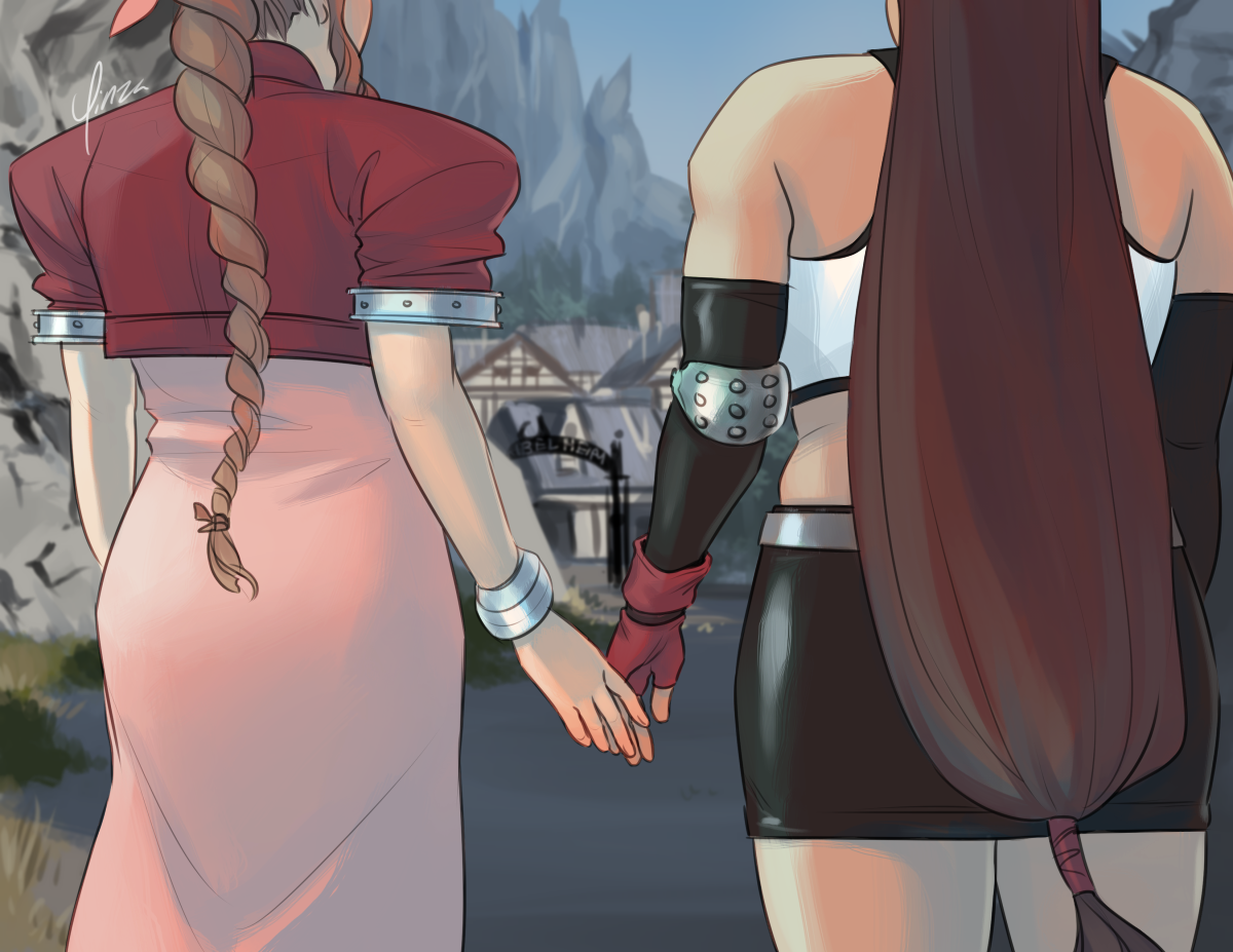 Digital artwork of Aeris and Tifa approaching Nibelheim. They are shown from behind in their OG outfits, their heads mostly out-of-frame. Aeris is reaching over to take Tifa's hand. Ahead, just between them, Nibelheim's main gate is visible, and the first of its houses beyond. The Nibel Mountains rise in the distance.