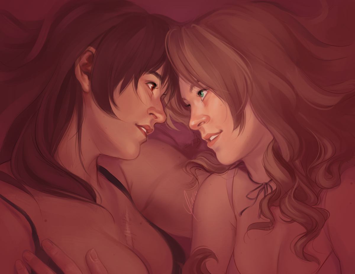 A digital painting of Tifa and Aeris, shown from the shoulders up lying in bed together. Tifa is on the left, her right arm beneath Aeris. She wears a black bra and her scar is visible across her chest. Aeris is on the right, her left hand brushing the side of Tifa's breast. She wears a pale pink bra and her black ribbon around her neck, with her hair down in loose curls. The two of them are gazing at each other and smiling softly, their foreheads nearly touching.