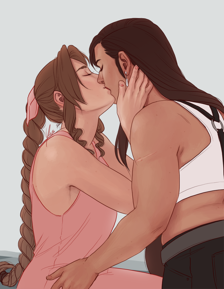 Aeris is seated, her hands on either side of Tifa's face as she pulls her down into a kiss.