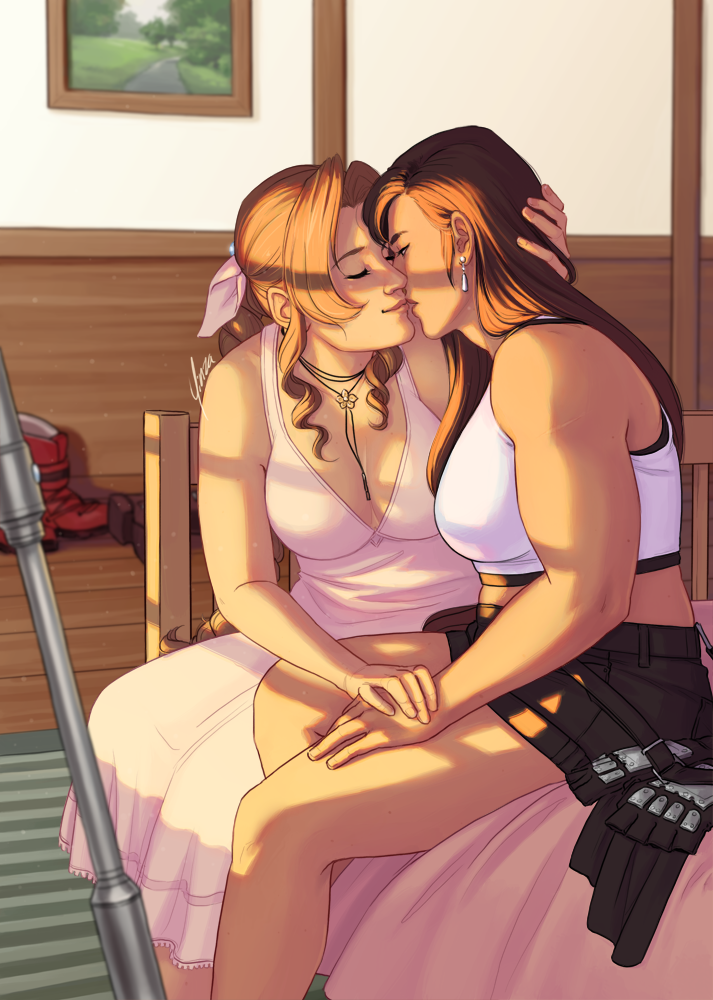 Digital artwork of Aeris and Tifa. They are seated together on a bed in the Kalm inn. Aeris has removed her red jacket and Tifa has removed her gloves. Both of their shoes are visible in the background, and Aeris's staff rests against the wall in the foreground. Aeris has one hand on Tifa's and the other around the back of her head as she leans in to kiss her. Sunlight from an unseen window falls across them.