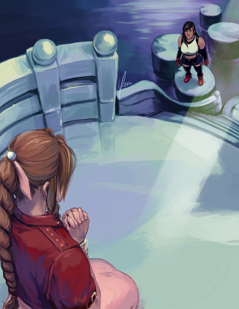 Aeris kneels on the altar in the City of the Ancients, while Tifa stands on the path below, looking up in concern.