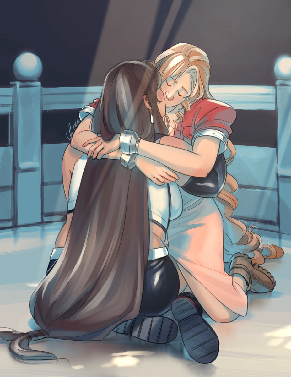 Digital artwork of Aeris and Tifa at the altar in the Forgotten Capital. Both wear their outfits from the original game. Tifa sits with her back to the viewer, her legs tucked beneath her, and her arms wrapped around Aeris. Aeris kneels straddling Tifa’s legs, her arms looped around Tifa’s shoulders, and her head is tilted down to kiss her. Her hair hangs loose, spilling onto the floor behind her.