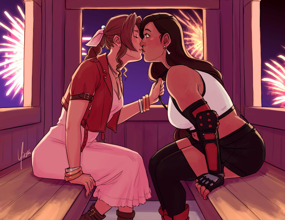 Aeris and Tifa sit together on the gondola at Gold Saucer with fireworks exploding in the background. Tifa looks surprised as Aeris pulls her forward by one suspender into a kiss.