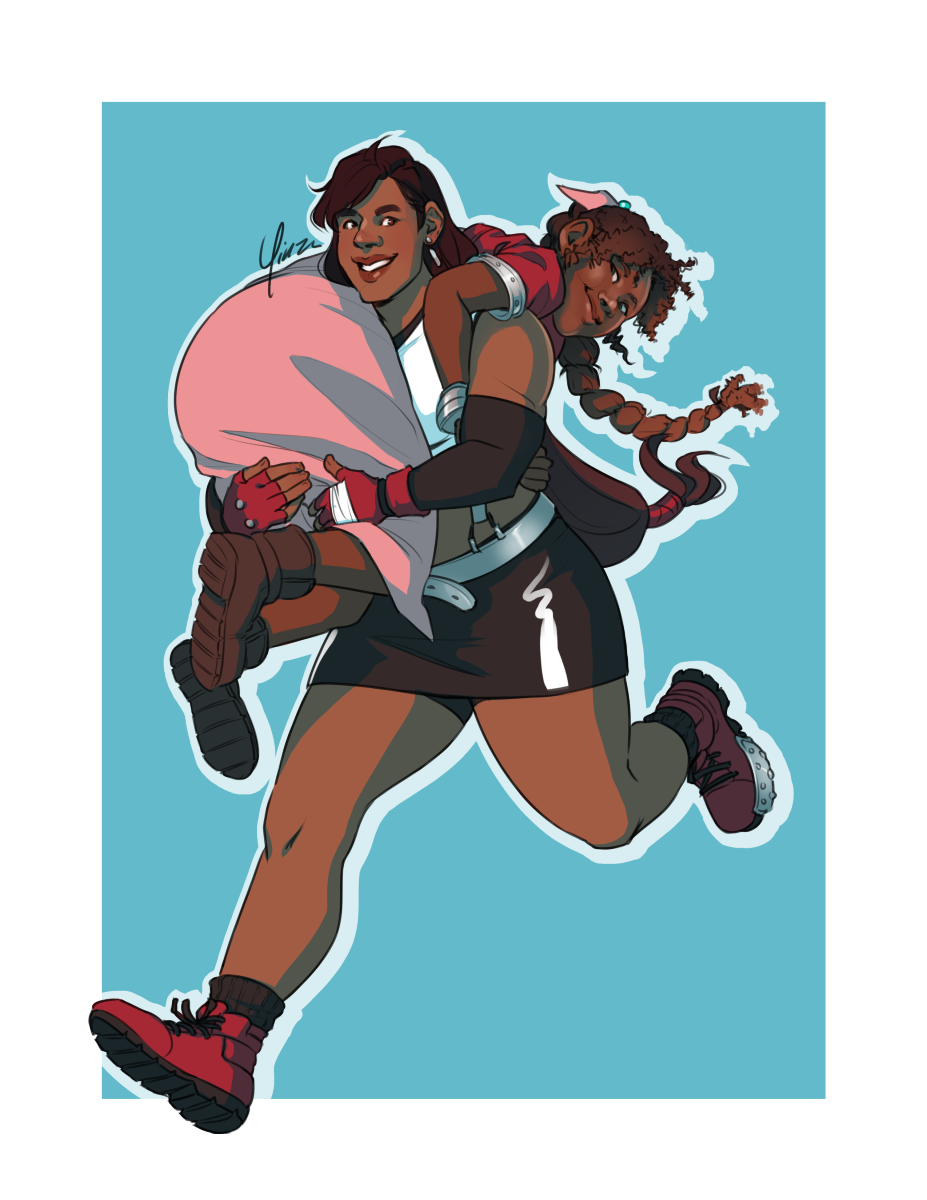 Digital artwork of Aeris and Tifa in their OG outfits. Tifa is running while carrying Aeris over her shoulder, the two of them grinning at each other. Tifa is depicted as South Asian, while Aeris is black.