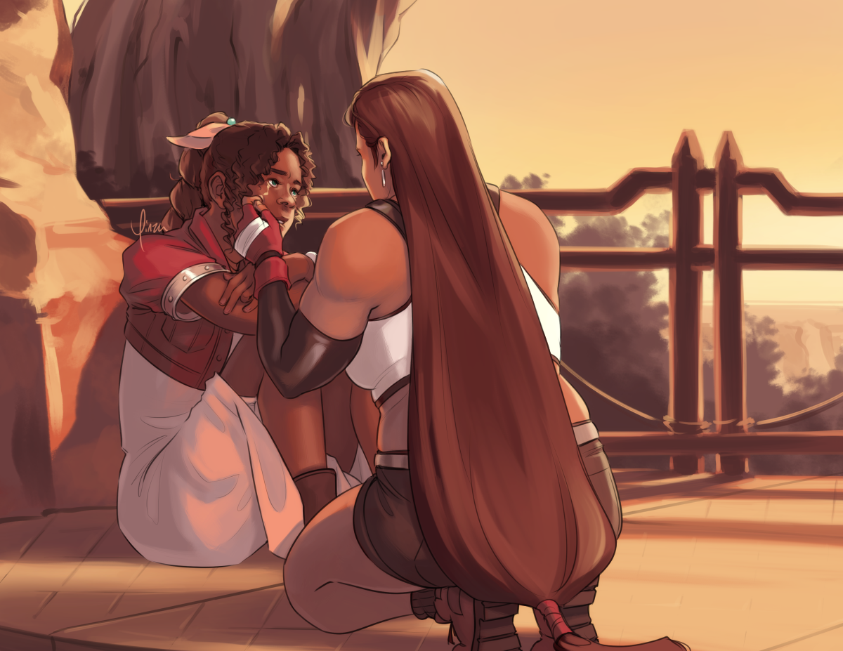 Digital artwork of Aeris and Tifa on an overlook in Cosmo Canyon. Aeris sits with her knees drawn up to her chest, looking at Tifa with tears in her eyes. Tifa kneels in front of her, back to the viewer, wiping away a tear with her left hand. They are both lit by golden sunset light.
