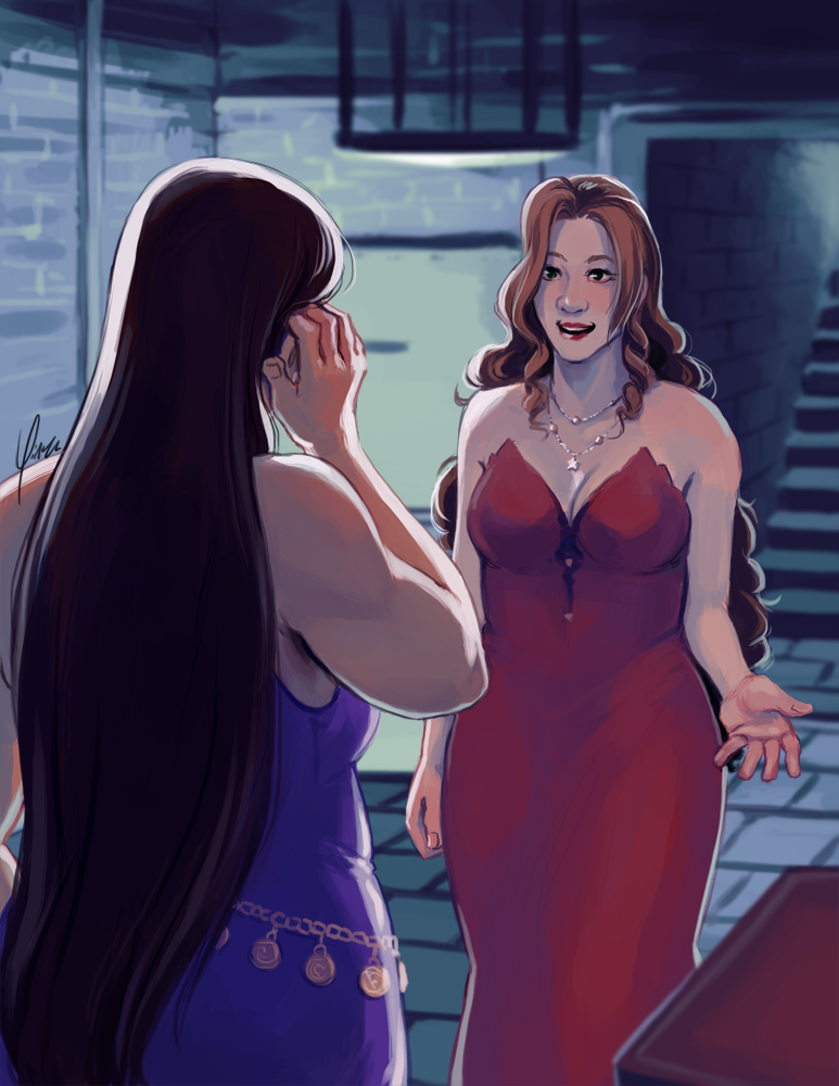 Aeris and Tifa meet in Don Corneo's basement. The view is from behind Tifa, so that her back is to the camera.