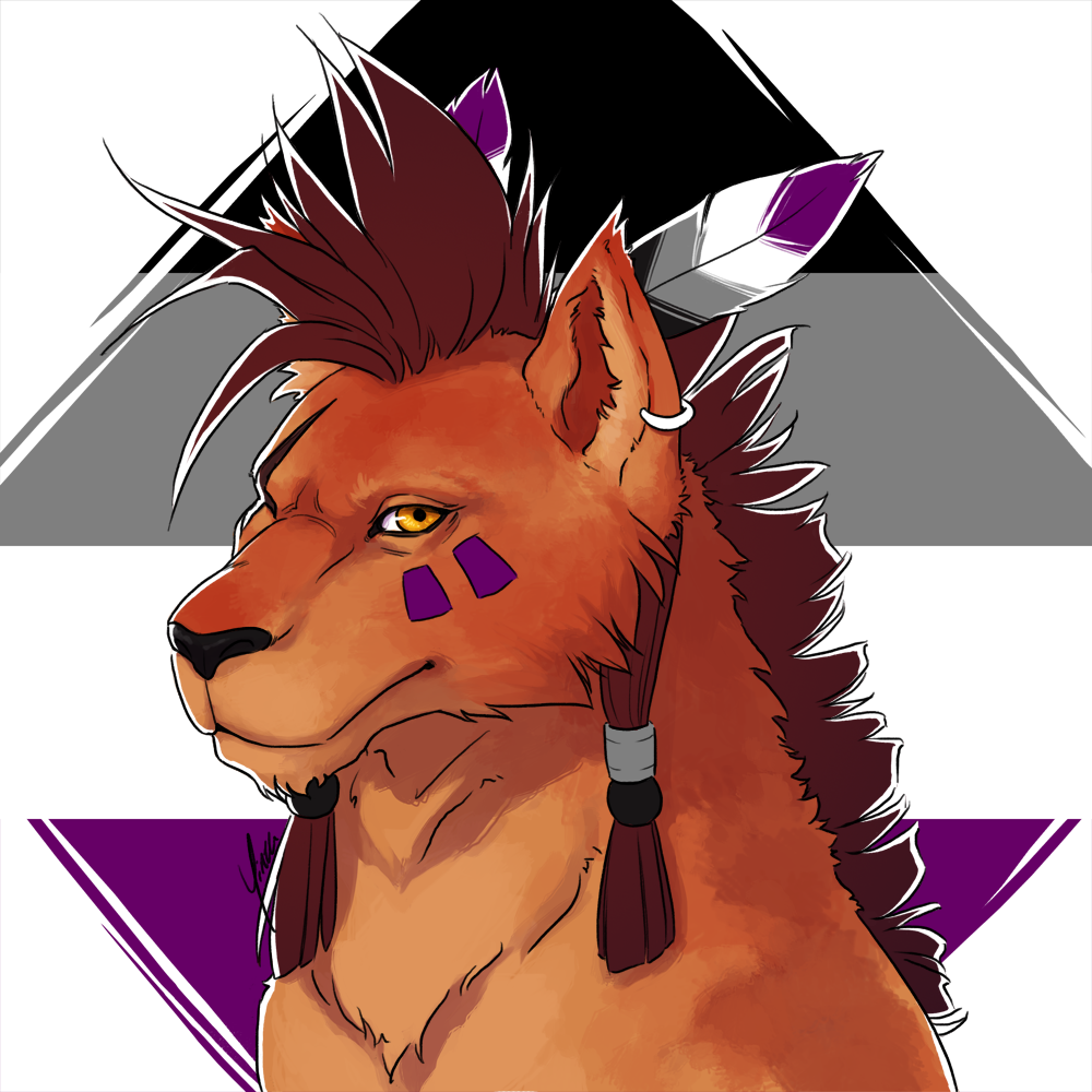 A portrait of Nanaki/Red XIII against the asexual pride flag.