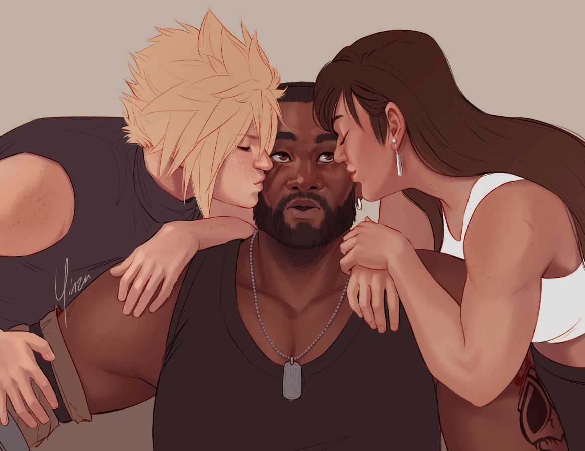 Fanart of Barret Wallace, Cloud Strife, and Tifa Lockhart. Barret is seated with a surprised expression on his face as Cloud and Tifa kiss him on either cheek.