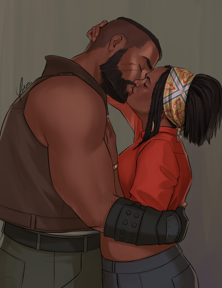 Digital artwork of Barret and Myrna Wallace, shown from the waist up. Myrna is depicted with her Rebirth design, while Barret still has his right hand. They are kissing, Myrna with one hand against Barret's chest and the other lifted around the back of his head, while Barret has his hand against her back.