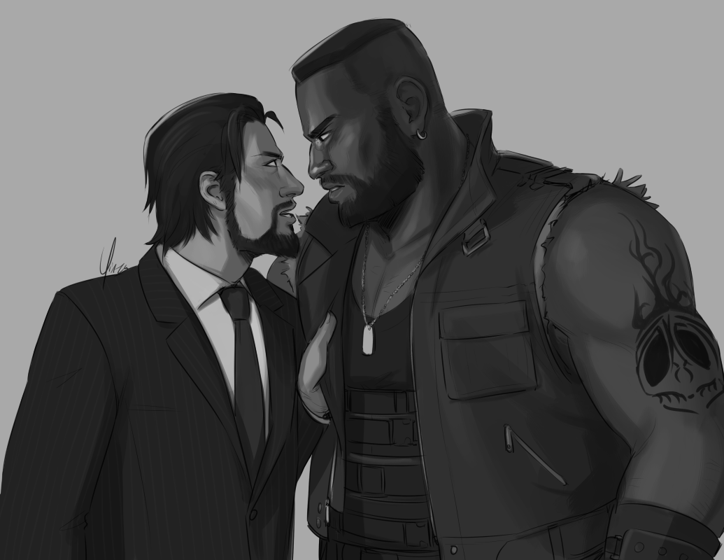 Greyscale fanart of Reeve Tuesti and Barret Wallace. In the middle of an argument, Reeve has grabbed Barret by the collar and is getting up in his face.