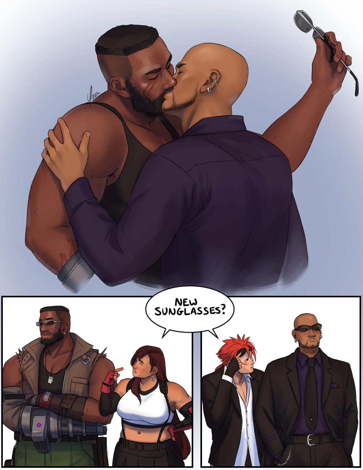 A digital comic in 3 panels. The first depicts Barret and Rude from the waist up, sharing a passionate kiss. Barret is wearing his black tank top while Rude is down to his purple dress shirt. Rude has his left hand on Barret’s shoulder while Barret holds Rude’s sunglasses in his left hand, having just removed them. The other two panels separately depict Barret and Tifa, and Reno and Rude. Tifa and Reno are each pointing to their faces and share a dialogue bubble reading 