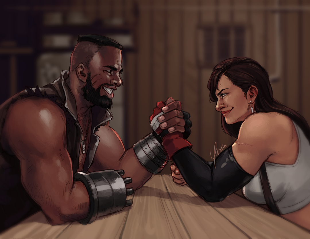 Barret and Tifa sit at a table in Seventh Heaven arm wrestling.