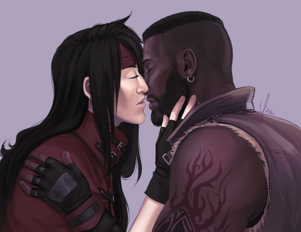 Fanart of Vincent Valentine and Barret Wallace. Barret has his hand on Vincent's shoulder, Vincent is touching Barret's face, and they are about to kiss.